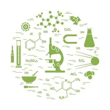 Stylized vector icon of variety scientific, education elements: microscope, f 스톡 일러스트