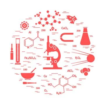 Stylized vector icon of variety scientific, education elements: microscope, f Illustrazione stock