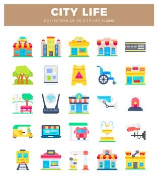 Stylized vector icons representing various city life elements. presented on.. Stock Illustration