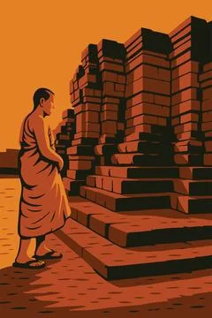 Stylized vector illustration of A Buddhist monk stands beside the ancient rui Stock Illustration