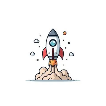 Stylized vector illustration depicts a rocket launch against a clear backgr.. Stock Illustration