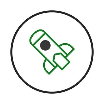 Stylized vector illustration of a green rocket launching within a circular .. Stock Illustration