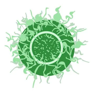 Stylized vector illustration of a green virus with detailed spikes and core Illustrazione stock