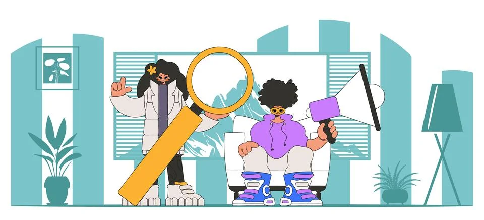 Stylized vector illustration of HR representative team. Attractive girl sit.. イラスト素材
