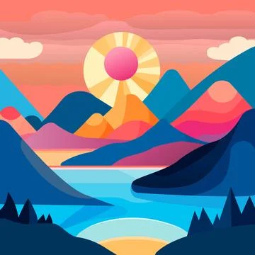 Stylized vector landscape lake mountains Stock Illustration