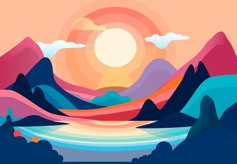 Stylized vector landscape lake in the mountains Stock Illustration