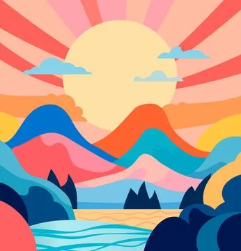 Stylized vector landscape sunset in the mountains Stock Illustration