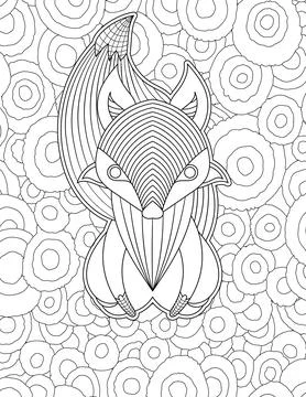 Stylized vector line drawing cute fox flowy tail patterned circular background 스톡 일러스트