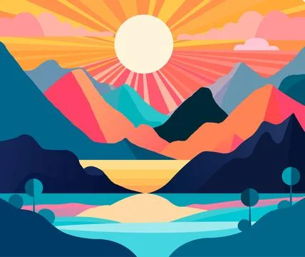 Stylized vector mountain landscape with big sun in the sky Stock Illustration