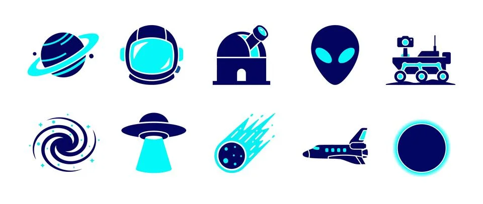 Stylized vector space icons featuring astronauts, planets, telescopes, and .. Stock Illustration