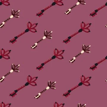 Stylized vintage seamless pattern with doodle keys figures. Dark pink backgro Illustrazione stock