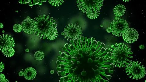 Stylized virus in dark green illustration, 3d rendered scene. Stock Illustration