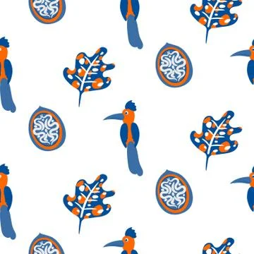 Stylized walnut and bird vector seamless pattern. Illustrazione stock