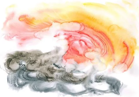 Stylized watercolor pattern with sunset and fluffy sea waves Stock Photos