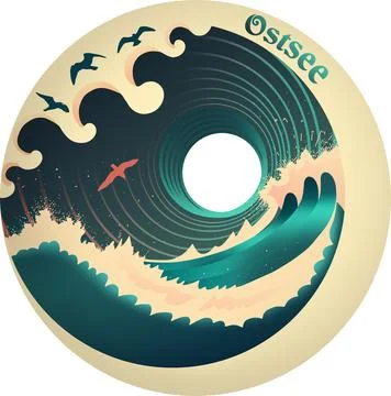 Stylized waves with sea spray. Seagulls circling over the water. Stock Illustration