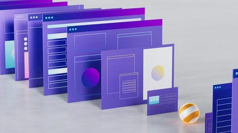 Stylized web pages and interfaces. Business and technology theme 3d illustration Illustrazione stock