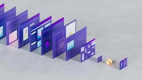 Stylized web pages and interfaces. Business and technology theme 3d illustration Illustrazione stock