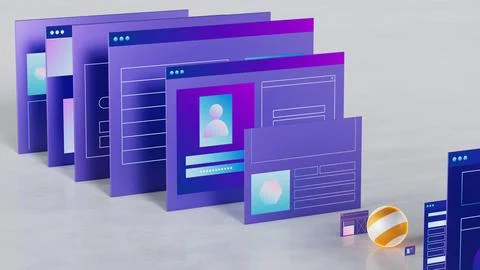Stylized web pages and interfaces. Business and technology theme 3d illustration Illustrazione stock