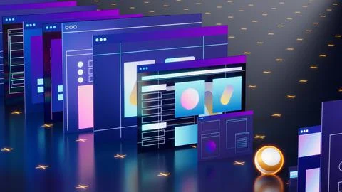 Stylized web pages and interfaces. Business and technology theme 3d illustration Ilustración de archivo
