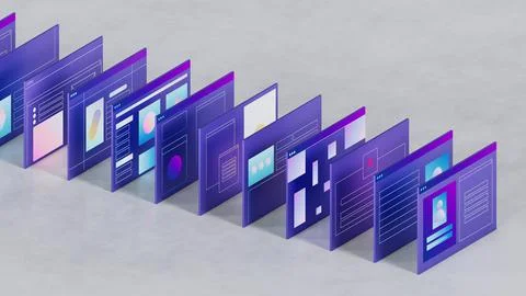 Stylized web pages and interfaces. Business and technology theme 3d illustration Illustrazione stock