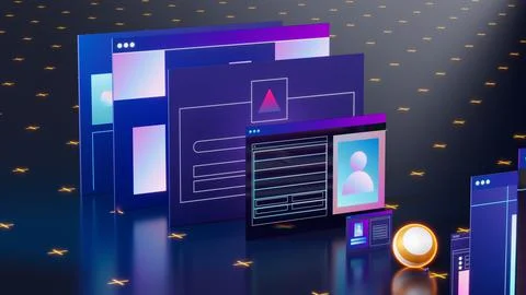 Stylized web pages and interfaces. Business and technology theme 3d illustration Illustrazione stock