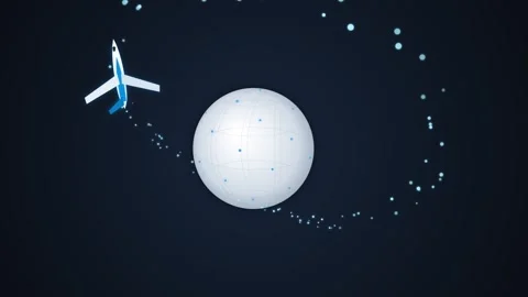 A stylized white airplane orbiting a glowing digital globe illustration video Stock Footage 344240289