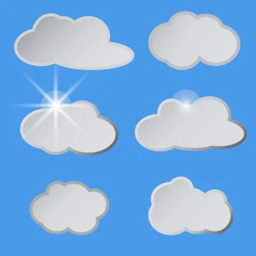 Stylized white clouds in the blue sky, the sun. Stock Illustration