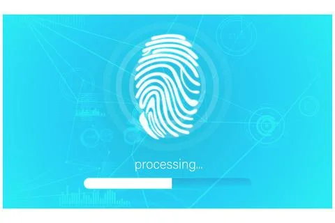 Stylized white fingerprint icon is loading on flat UI interface with progress Stock Illustration