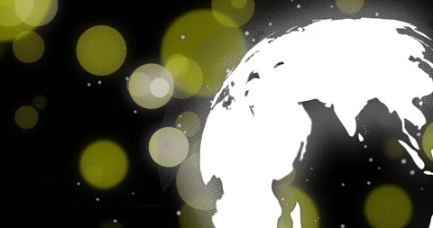 Stylized white globe floating on dark void in 3D with glowing yellow bokeh and Stock Footage 309342767