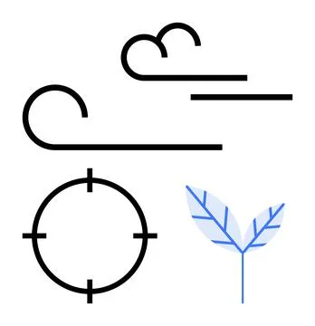 Stylized wind lines, target circle, and blue leaf symbol. Ideal for nature co Stock Illustration