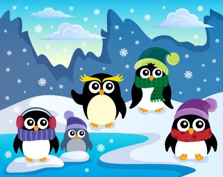 Stylized winter penguins theme Stock Illustration