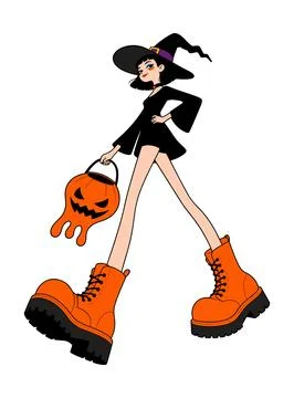 Stylized Witch with Pumpkin Bucket Stock Illustration