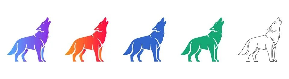 Stylized Wolf Head Icons in Multiple Color Gradients and Outline Stock Illustration