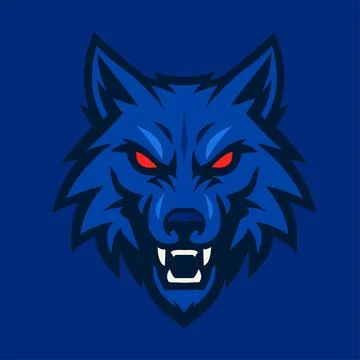 Stylized wolf head logo on a blue background. Illustrazione stock
