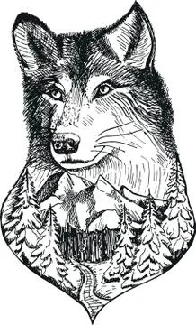 Stylized wolf head with nature landscape vector ink hand drawn illustration Stock Illustration