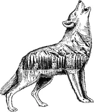 Stylized wolf with nature landscape vector ink hand drawn illustration 스톡 일러스트
