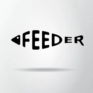 Stylized word in shape of fish isolated on gray. Feeder fishing logo. Web ico Stock Illustration