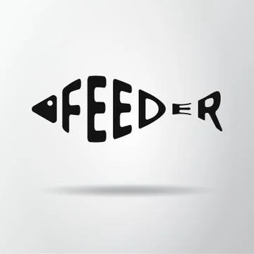 Stylized word in shape of fish isolated on gray. Feeder fishing logo. Web ico Stock Illustration