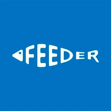 Stylized word in shape of fish isolated on blue. Feeder fishing logo. Web ico Stockillustratie