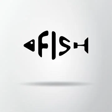 Stylized word in shape of fish isolated on gray. Seafood restraurant logo. We Stock Illustration