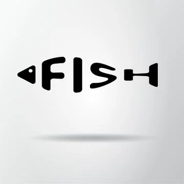 Stylized word in shape of fish isolated on gray. Seafood restraurant logo. We Stock Illustration