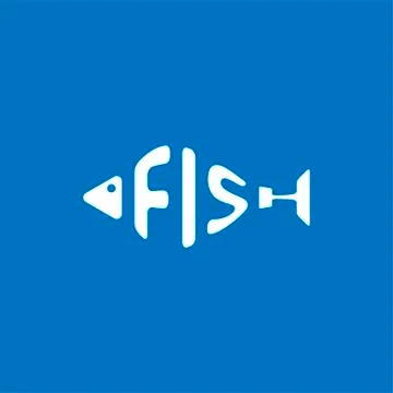 Stylized word in shape of fish isolated on blue. Seafood restraurant logo. We Stock Illustration