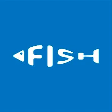 Stylized word in shape of fish isolated on blue. Seafood restraurant logo. We Stock Illustration