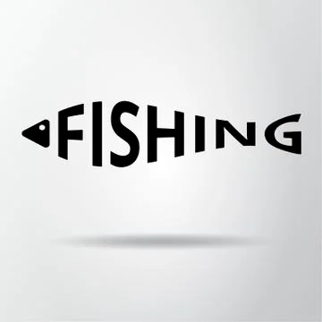 Stylized word in shape of fish isolated on gray. Fishing logo. Web icon, symb Stock Illustration