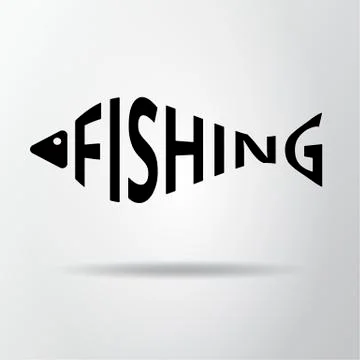 Stylized word in shape of fish isolated on gray. Fishing logo. Web icon, symb Stock Illustration