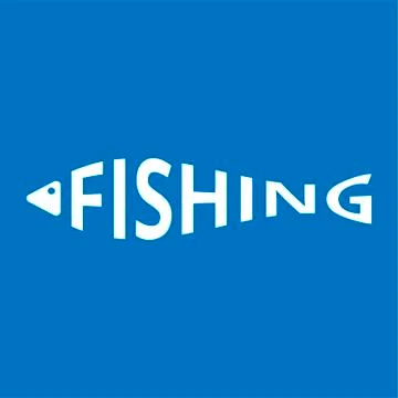 Stylized word in shape of fish isolated on blue. Fishing logo. Web icon, symb Stock Illustration