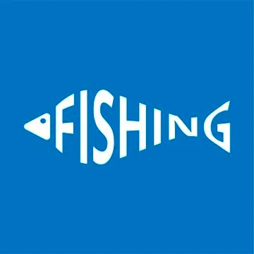Stylized word in shape of fish isolated on blue. Fishing logo. Web icon, symb Stock Illustration