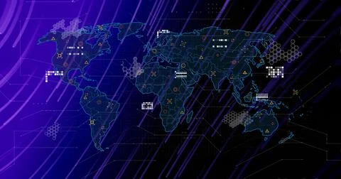 Stylized world map animating data overlays in control room, with hex clusters Stock Photos
