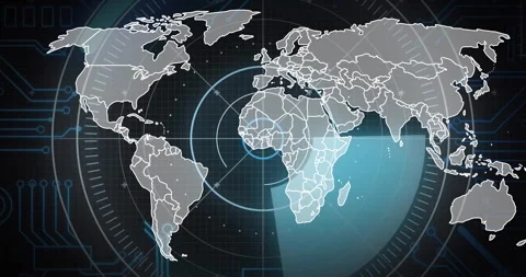 Stylized world map being animated on navy grid showing blue sector, radar Stock Footage 309106903
