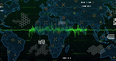 Stylized world map being animated in dark grid scene, displaying green waveform Stock Footage 329297279